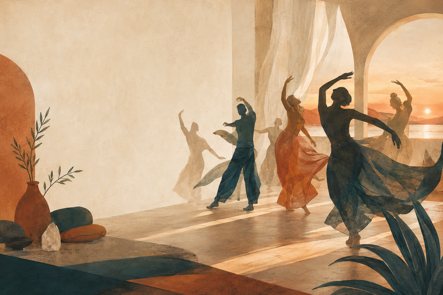 Abstract illustration of dancers moving together in warm sunset light
